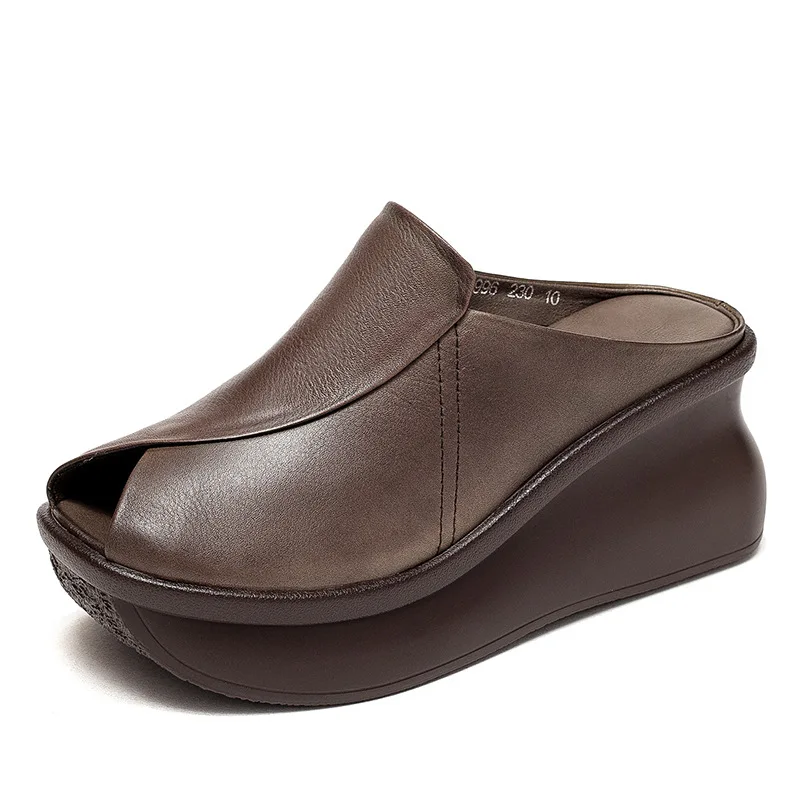 

Тапочки на танкетке 7 см, женские летние шлепанцы без шнуровки из коровьей кожи, повседневные шлепанцы на платформе, увеличивающие рост