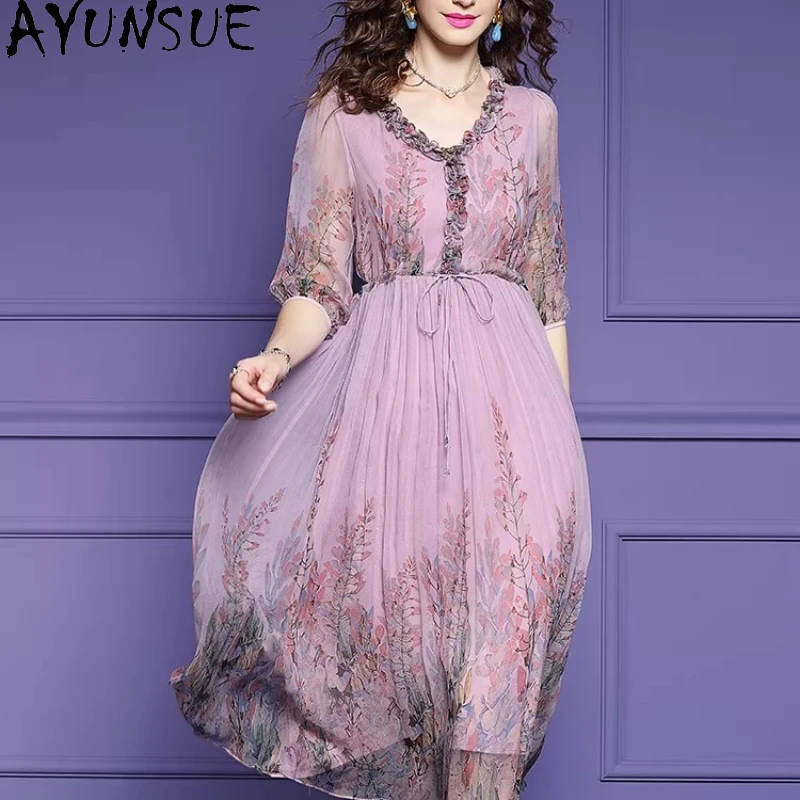 AYUNSUE 100% Mulberry Silk Woman Dress Elegant Dresses for Women High-end Silk Summer Clothes Fashion Long Dress Платье Женское
