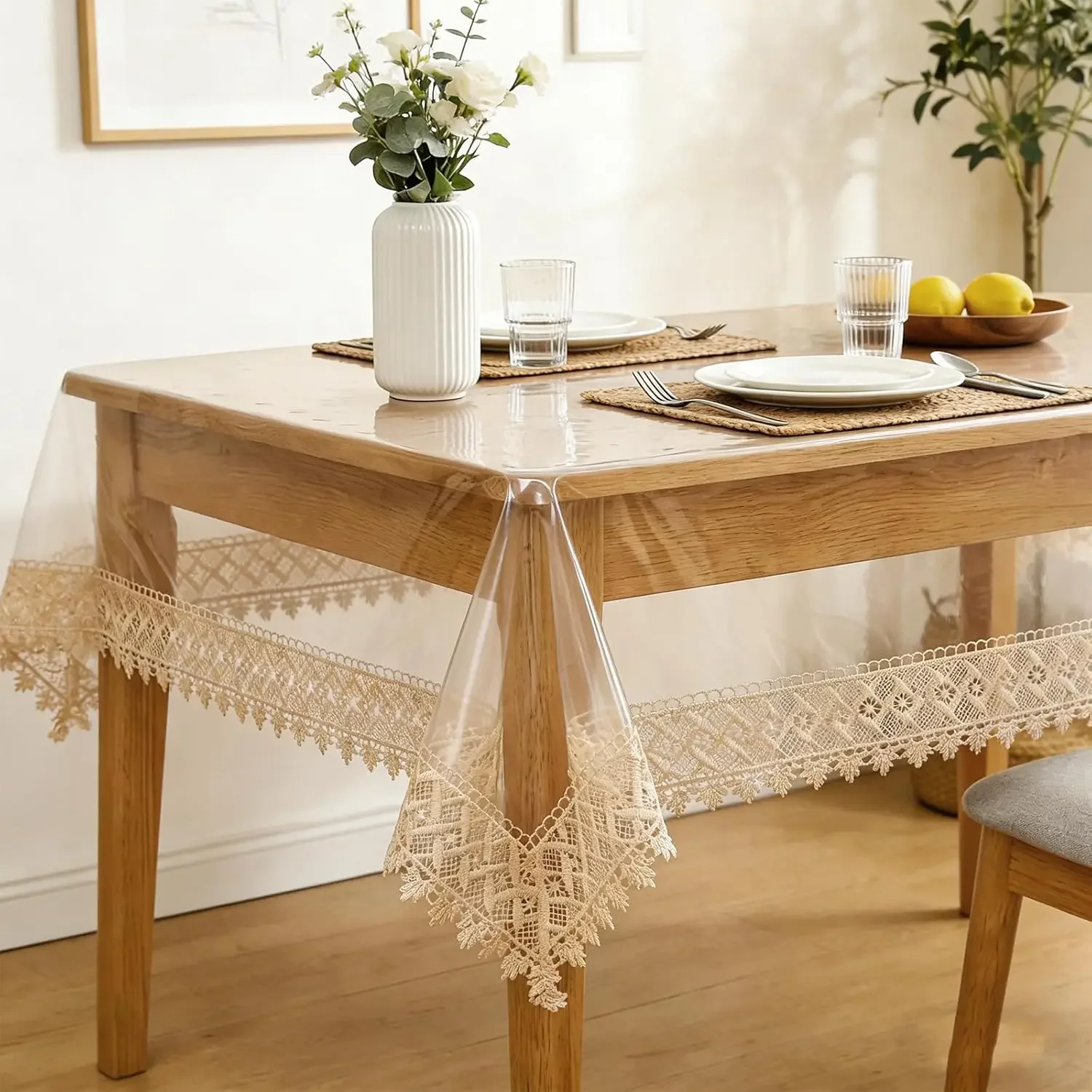 Clear PVC Table Cover Protector Waterproof Oil Proof Vinyl Plastic Tablecloth with Lace Edge Rectangle 55x86 Inch for 6-8 Seats Wipeable Transparent Dining Desk Mat for Kitchen Party