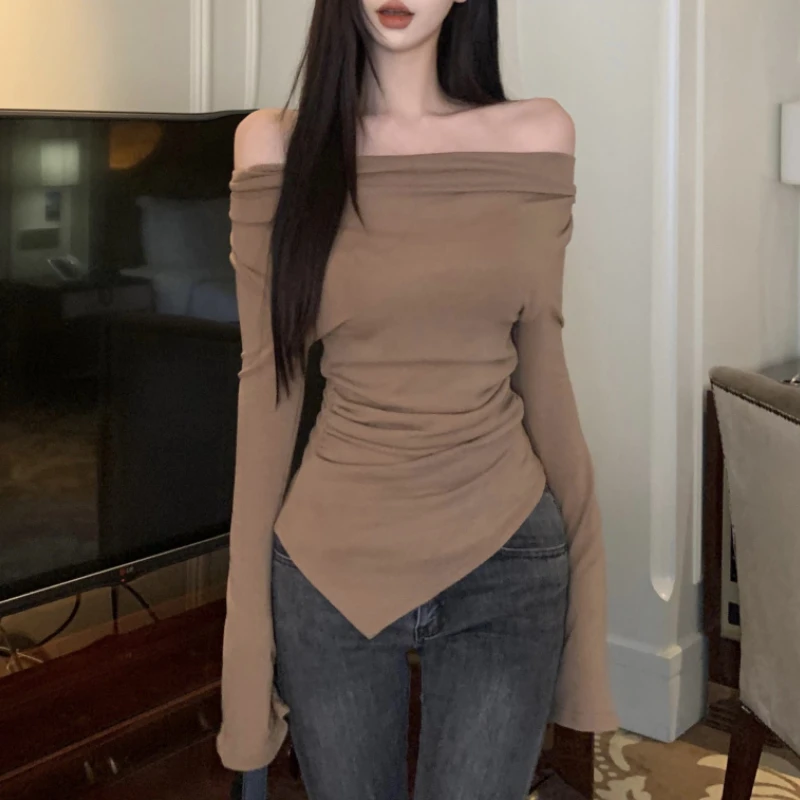 Off-shoulder Pleated Sexy Slim Asymmetric Long-sleeved T-shirt Women 2024 Summer New Korean Solid Color All Match Tops