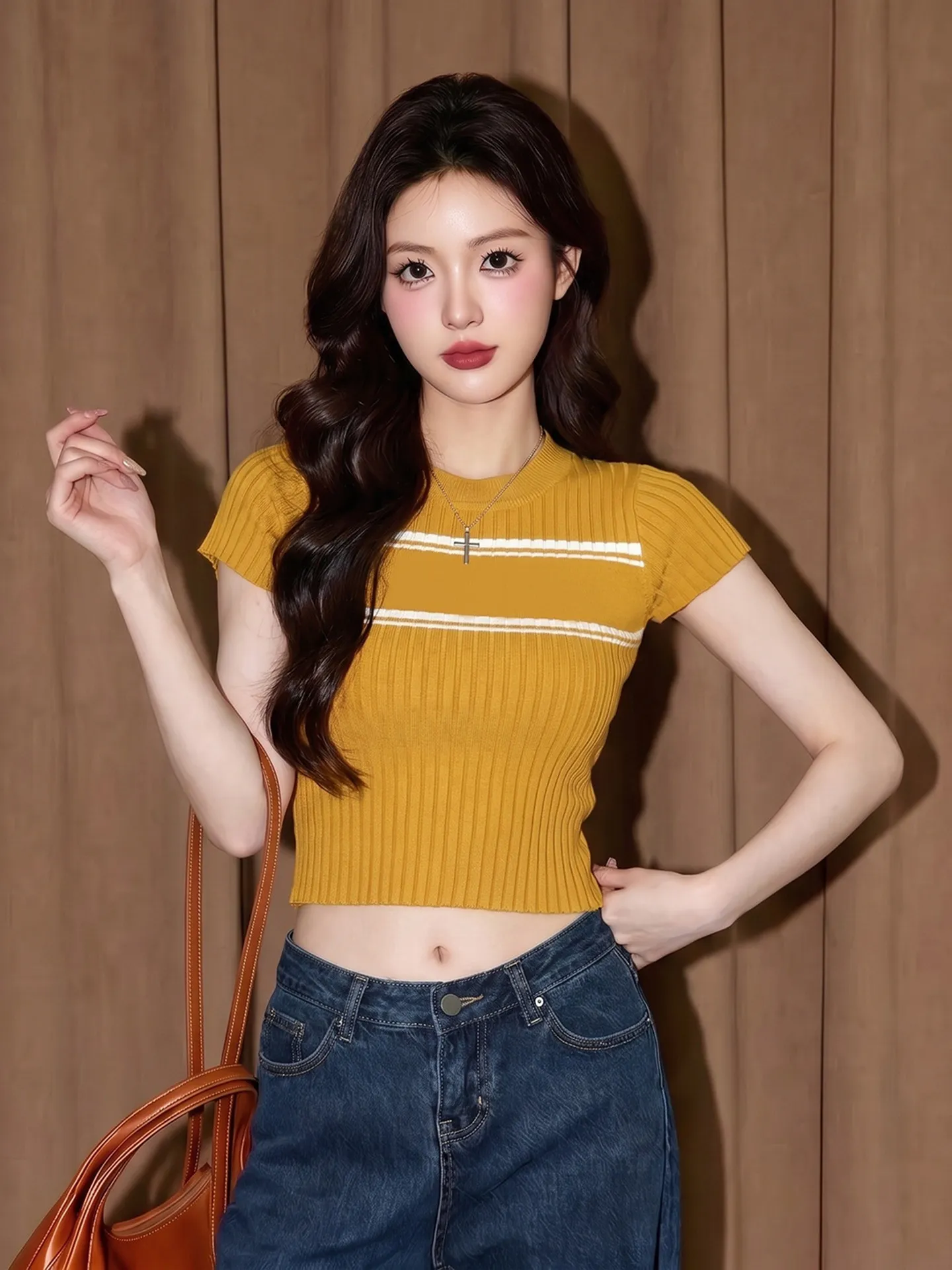 Yellow Striped Short Knit Top Women's Summer Dopaamine Unique Beautiful High Waist Guangzhou Thirteenth Factory Knitted Sweater