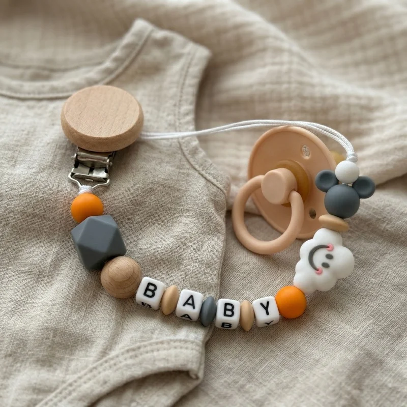 Personalized Baby Pacifier Clip with Custom Name - Silicone & Wood Beads - Newborn Baby Shower Gift image 4