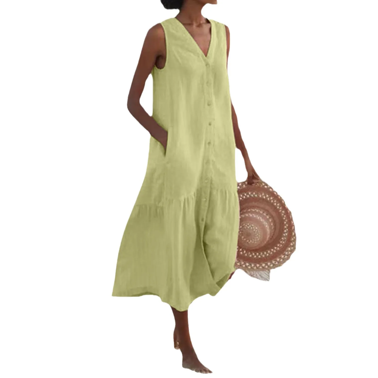 Abito lungo da donna in lino di cotone estivo con scollo a V tasca allentata femminile alla moda moda casual abiti da spiaggia per le vacanze abiti longuette