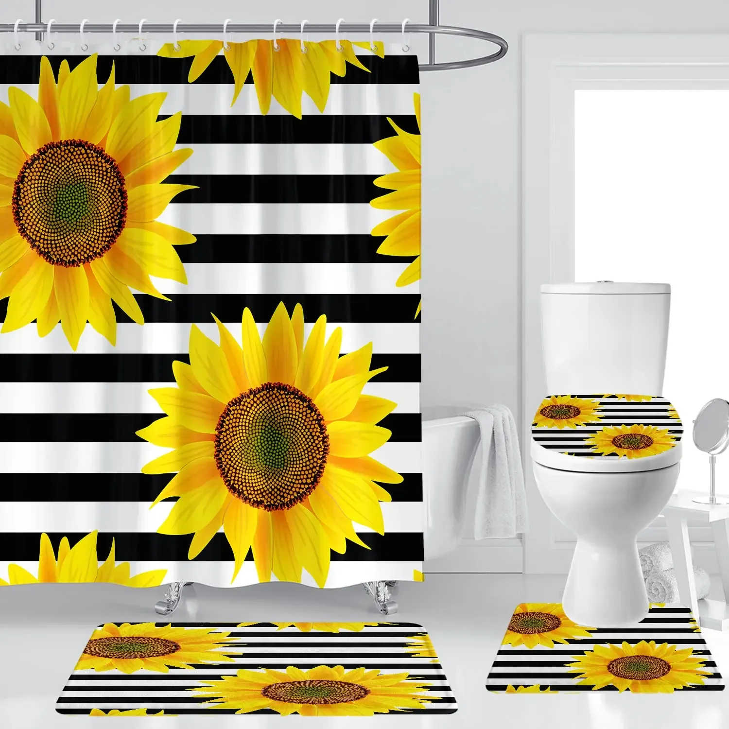

Full Screen of Sunflowers Pattern Shower Curtains Set Non Slip Toilet Polyester Cover Mat Set Waterproof Bathroom Shower Curtain