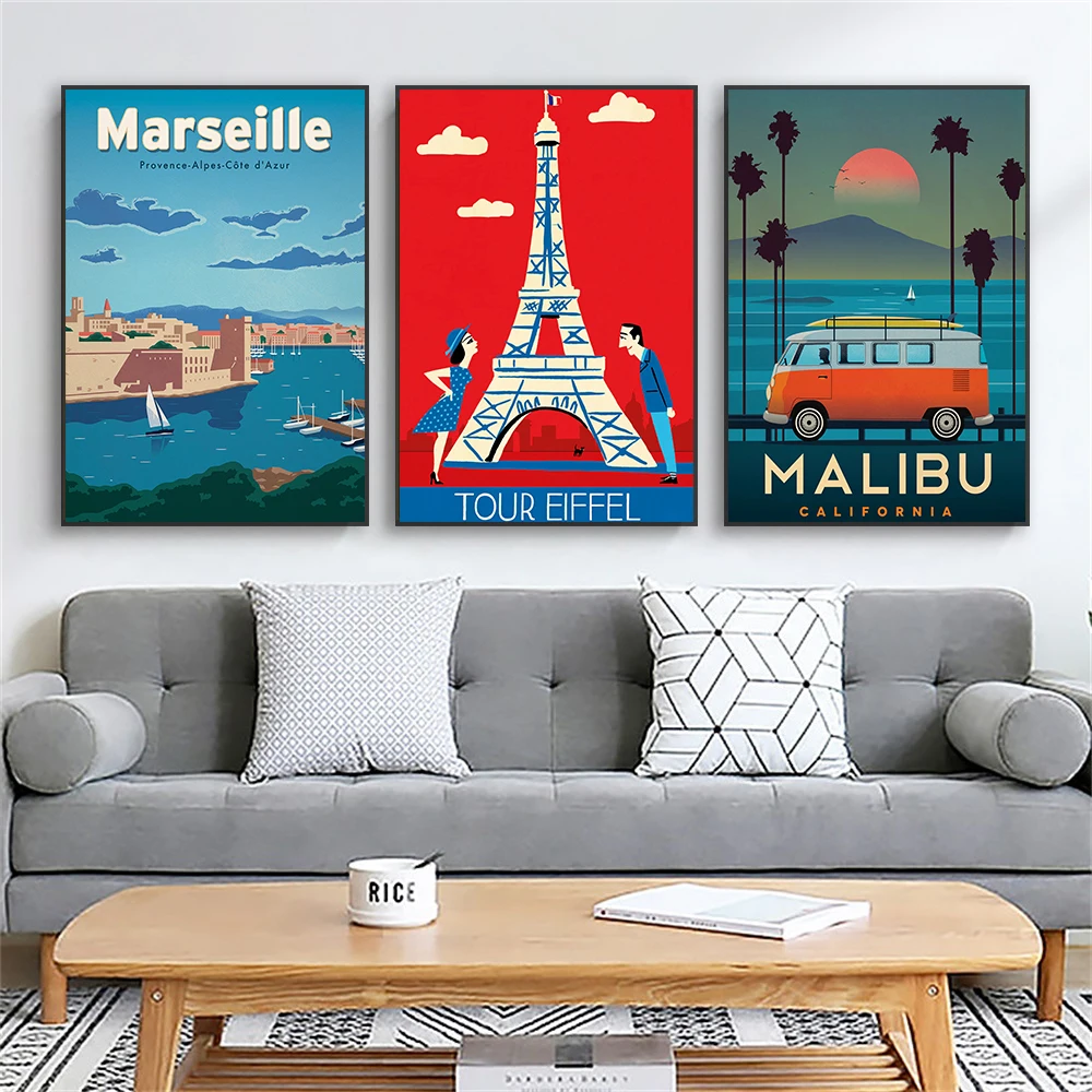 Vintage City Travel Poster Marseille Cartoon Landscape Canvas Painting Iceland Malibu Wall Art Modern Print Bedroom Decor