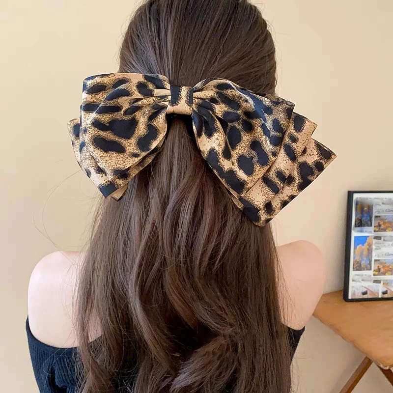 AWAYTRNew Fashion Cloth Leopard Hair Clip Three Layers Big Bow Hairpin Spring Clip Barrettes Women Girls Hair Accessories