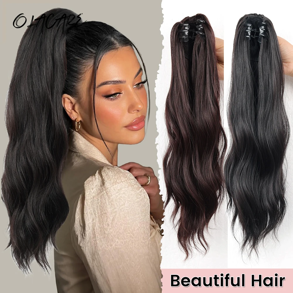 OLACARESyntheitc Long Wavy Curly Claw Ponytail Clip On Ponytail Extension Natural False Ombre Pink Straight Lolita Ponytail Hair