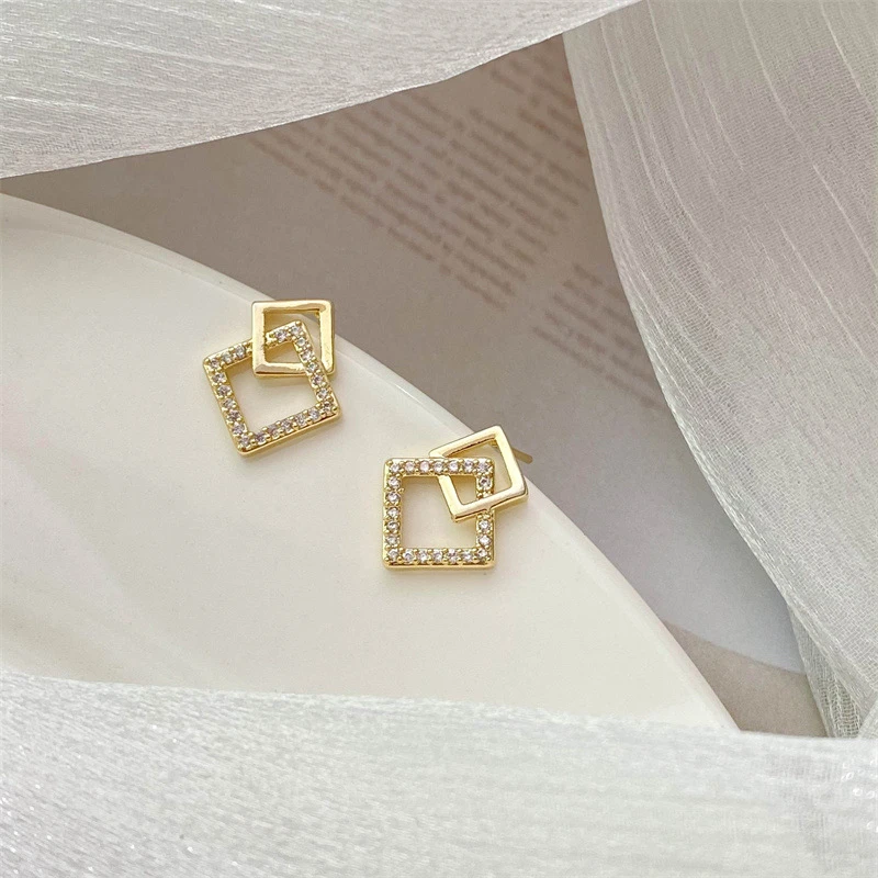 Double-layers Square Stud Earrings for Women Crystal Gold Color Metal Geometric Hollow Rhombus Small Unusual Earrings brincos