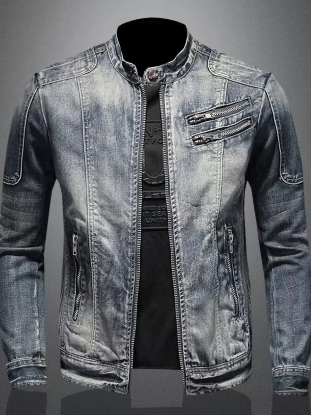 

High-End Men's Denim Jaet Zipper Collar Slim Fit Riding Biker Sle Casual Retro Spring Autumn Outerwear Trendy Jeans Coat