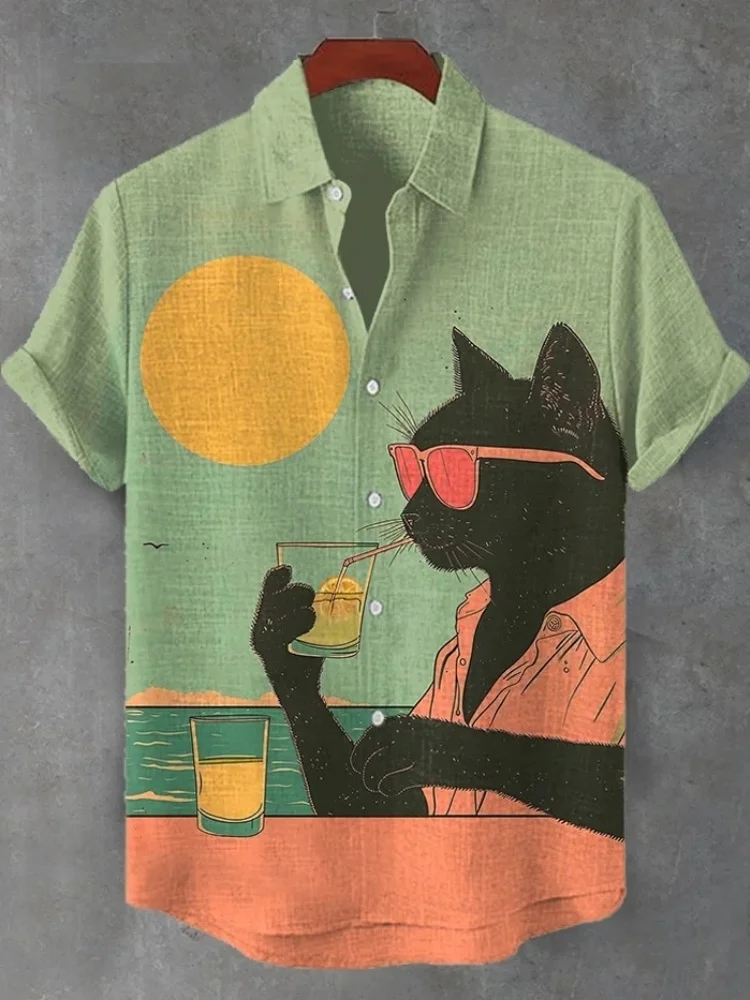 Men's Sunset Cool Kimono Cat Vacation Art Print Casual Shirt Orange Printed Japanese Style Outwear Summer Short Sleeve Tops Chic