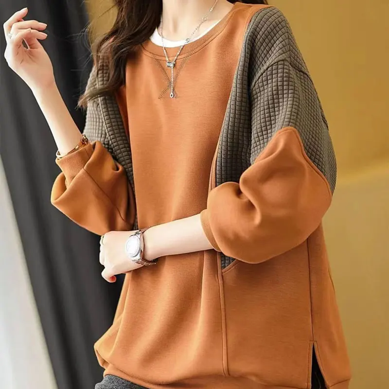 Korean Patchwork Loose Sweatshirts Women\'s Clothing Casual Round Neck 2023 Spring Autumn Fashion Solid Color All-match Pullovers