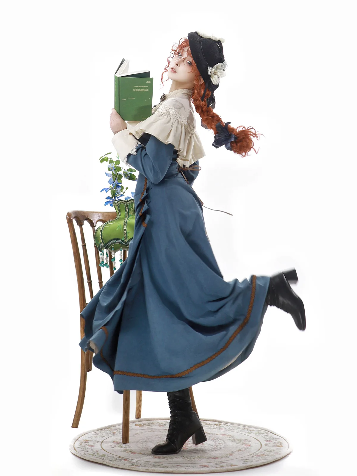 Gentle Temperament Bow Lace Cloak Splicing Fold Mid-length Dress for Women Lolita Mori Retro Elegant Cla Long-sleeved OP Dress