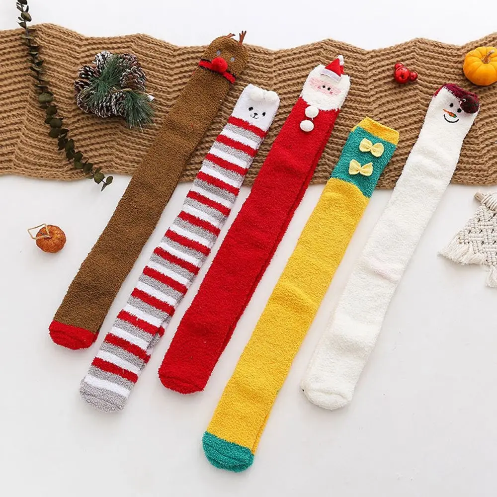 Cute Stripe Santa Claus Bow Elk Christmas Gift Coral Fleece Floor Socks Ladies Hosiery Christmas Stockings Cotton Calf Socks