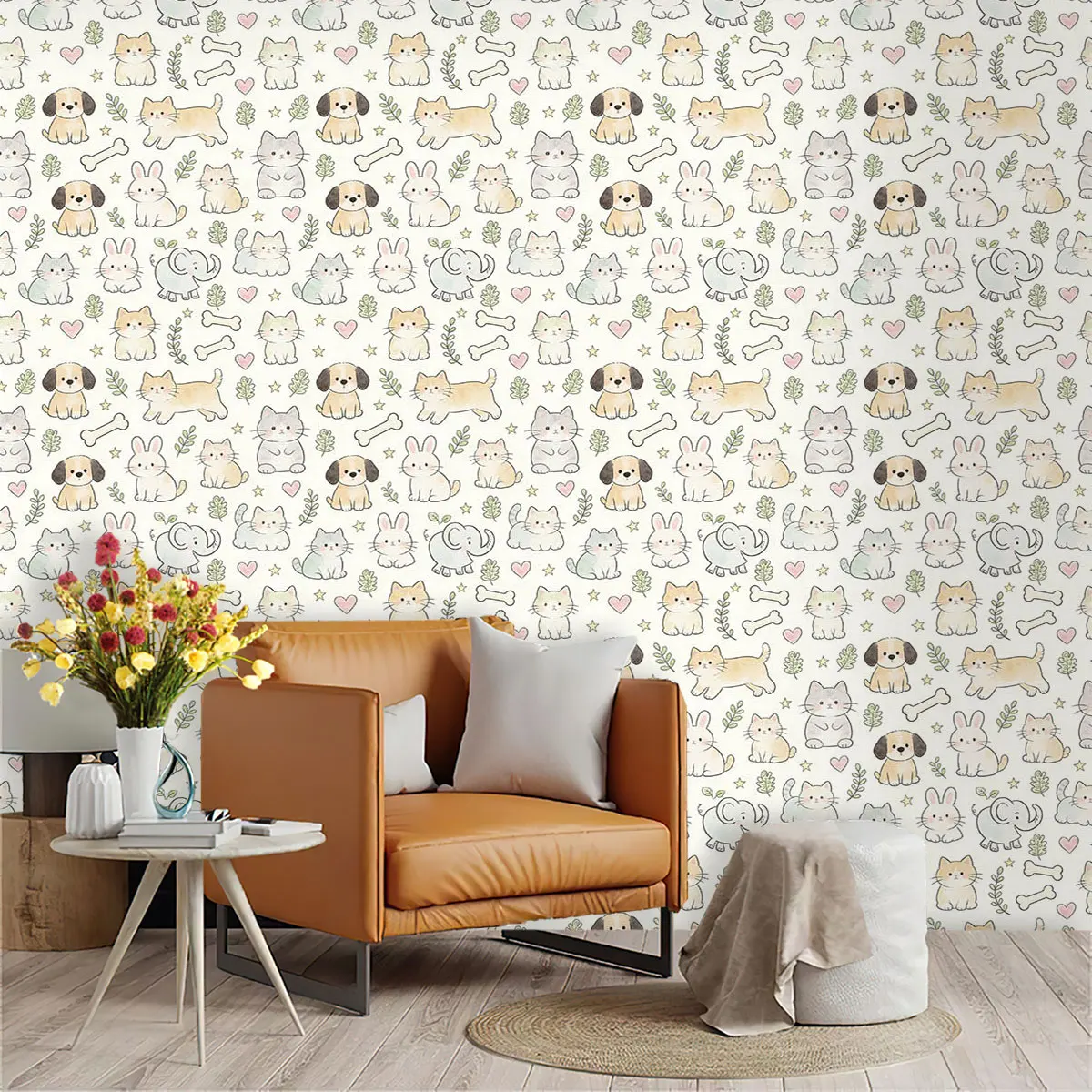 1PC Cartoon Cute Pet and Flower Wall Sticker PVC Flat Simulation Loop Wallpaper for Living Room and Bedroom Wall Decoration