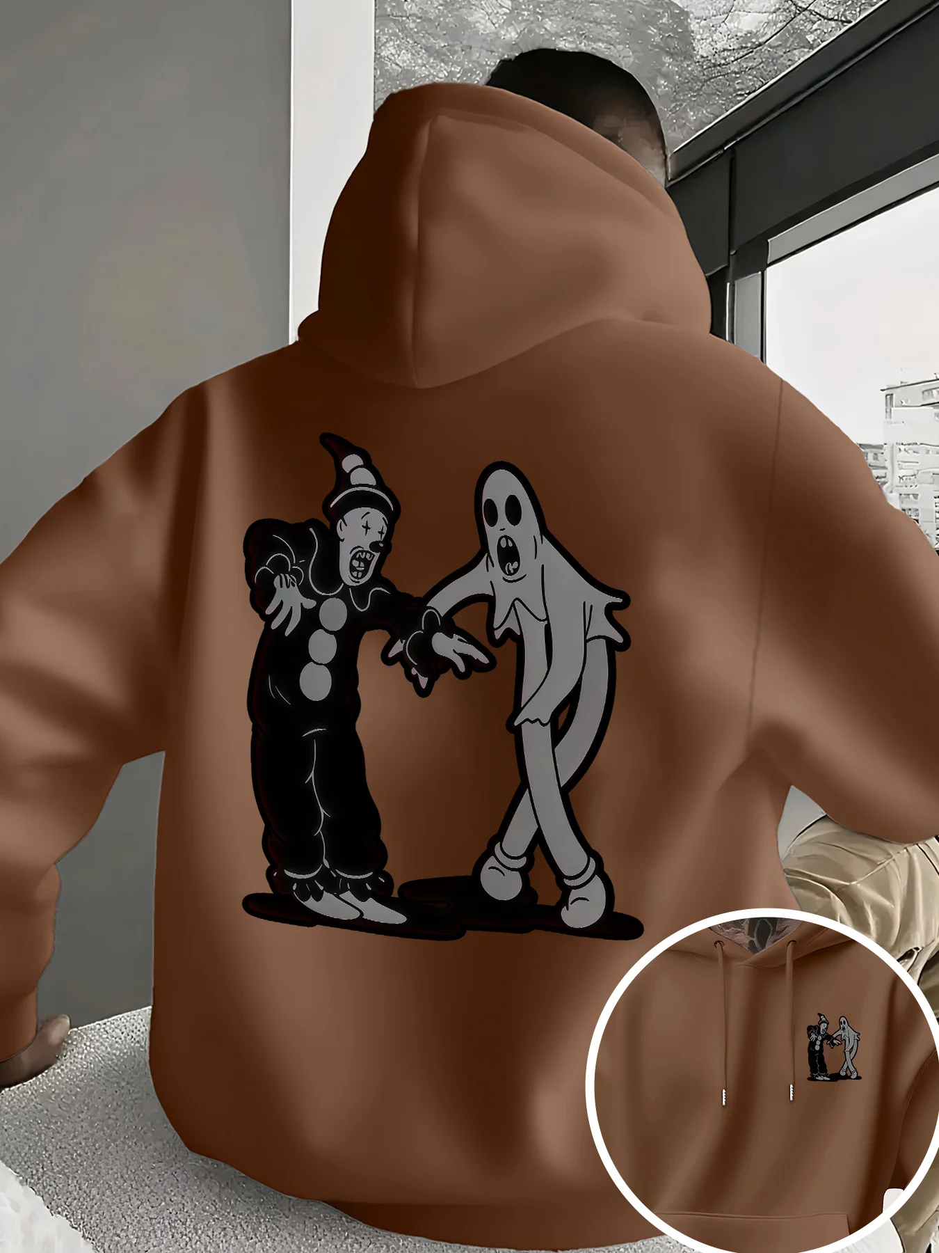 Clown Ghost Print Trend Men Hooded Sweatshirt Autumn and Winter Daily Outdoor Sports All Build Fitness Leisure Warm Street Style