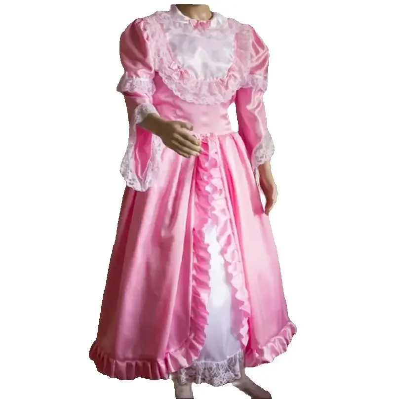 

New Hot Pink Lovely Loose Princess Sissy Full Length Satin Lace Dress Maid Costume Customization