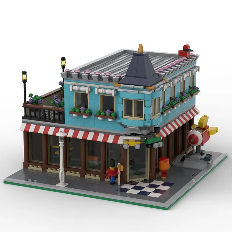 

City street scene small particle building block model, coffee shop, double-layer model, adult collectible gift ornament