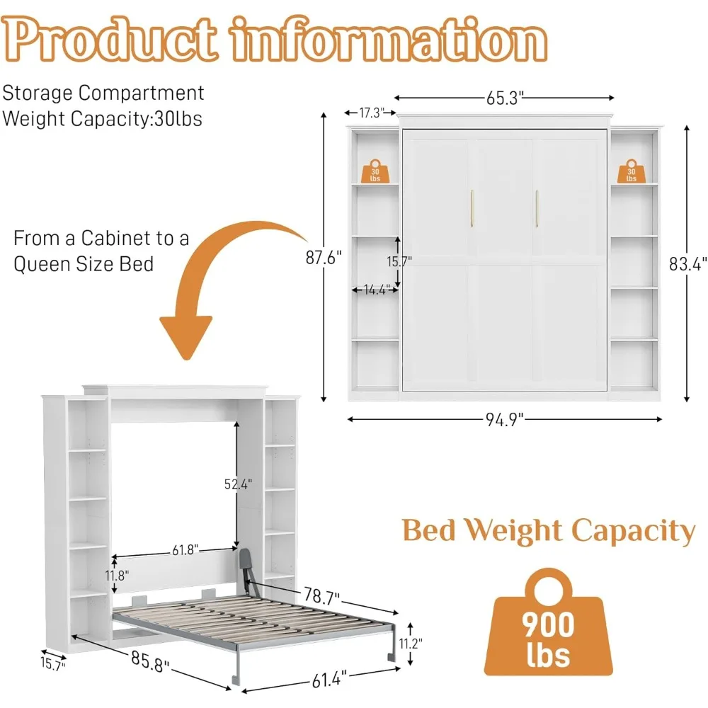 Letto Queen Murphy con libreria portaoggetti e 4 ripiani regolabili, struttura letto pieghevole salvaspazio da parete in legno Queen, struttura letto nascosta f