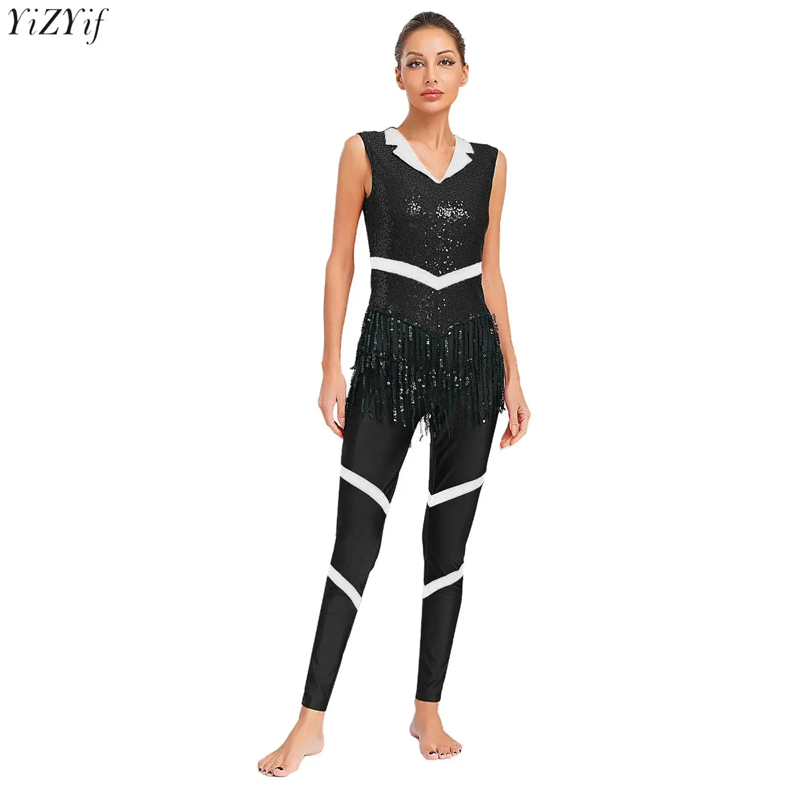 

Women Latin Dance Jumpsuit Sleeveless Sequins Tassels Contrast Color Lapel Collar Leotard Bodysuit Jazz Performance Costume
