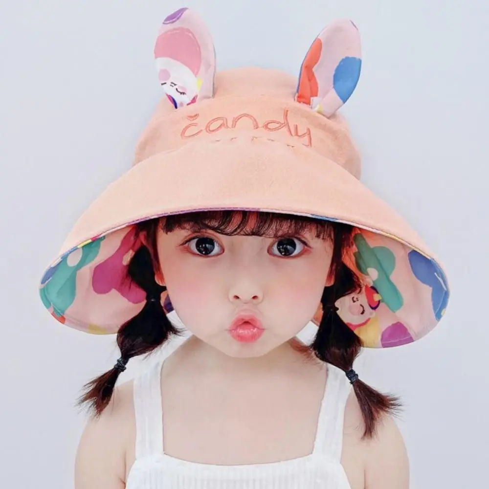 Children\'s Sunscreen Hat Summer Boys Girls Large Eaves Cap Double-sided Empty Top Hat Cute Rabbit Sun Shade Hat Panama Hat