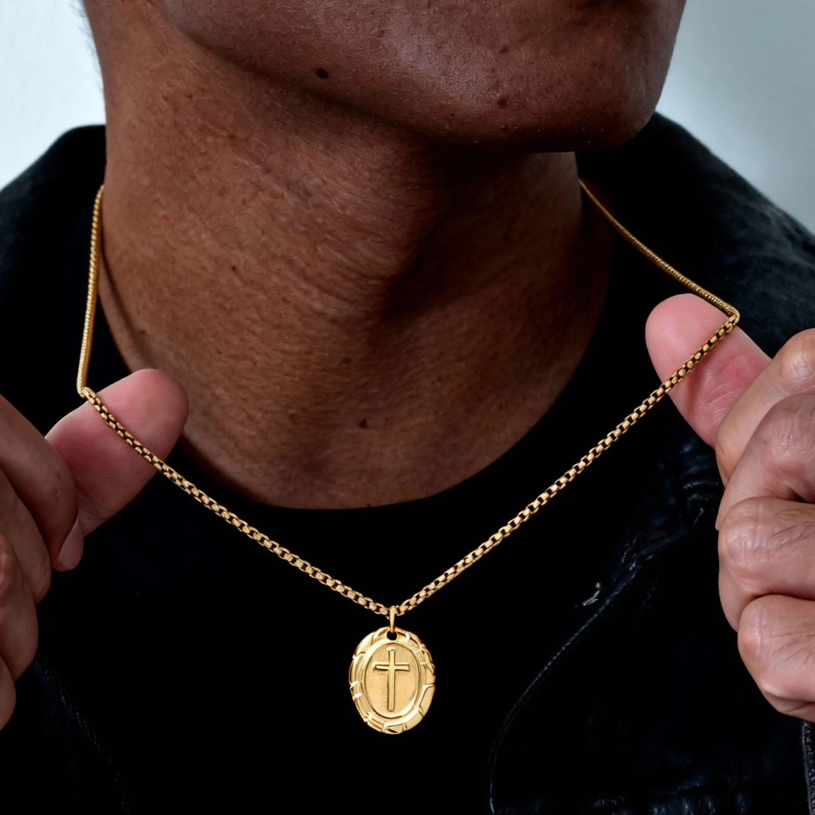 Gold Color Cross Necklaces for Men,Stainless Steel Oval Cross Pendant Necklace,New Punk Religious Faith Collar Gifts