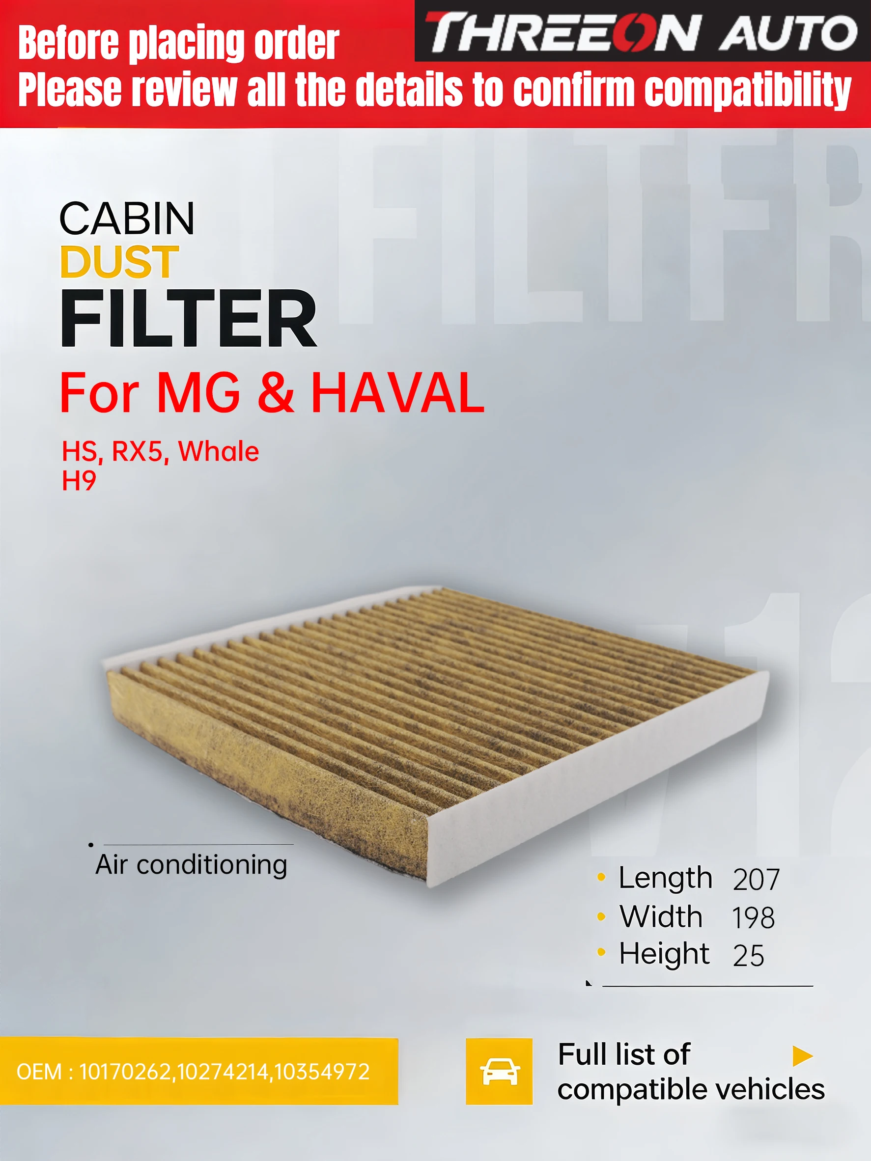 

For MG HS HS PLUG-IN 1.5 2.0 MG RX5 1.5 2.0 Activated Carbon Air Cabin Filter CUK21022 10170262 MK9581P