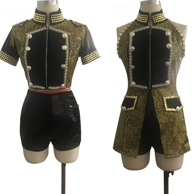 Kpop Women Group Singer Stage Costume Female Jazz Dancing Outfits Concert Performance Shiny Sequins Vest Crop Top Slim Shorts