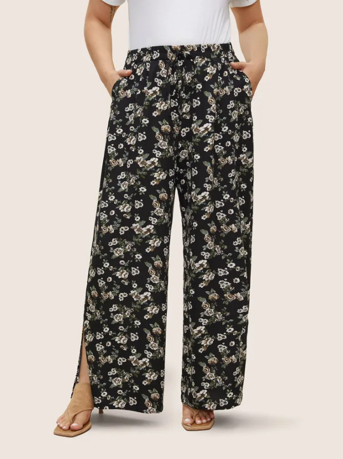 جديد مريح وغير رسمي فضفاض طباعة الأزهار الدانتيل يصل الشق تنحنح السراويل واسعة الساق السراويل الطويلة