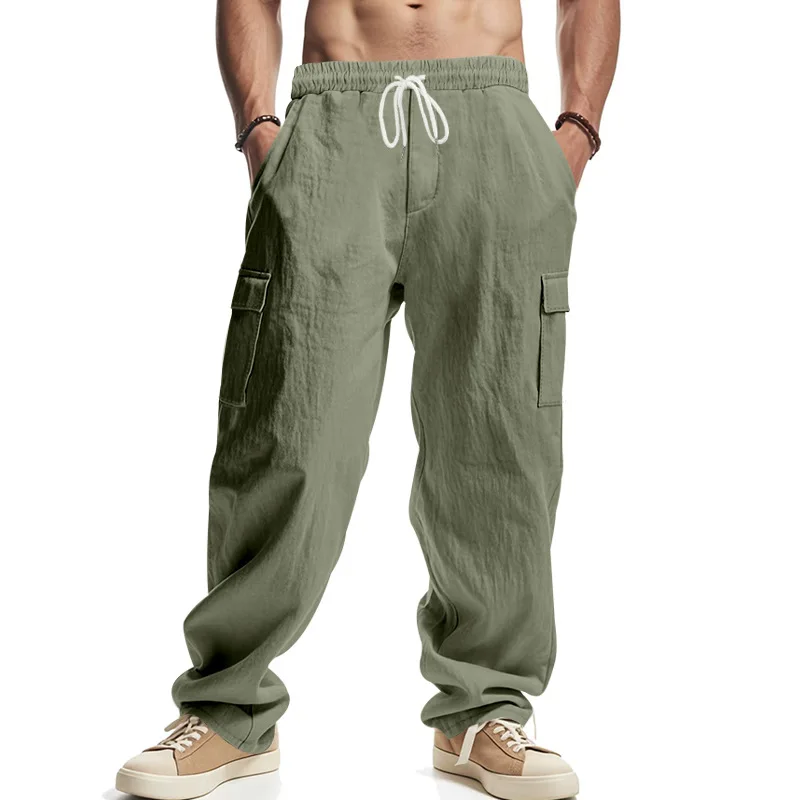 

American Men's Linen Four-season Thin Breathable Workwear Multi-pocket Loose Casual Trendy Wide-leg Pants