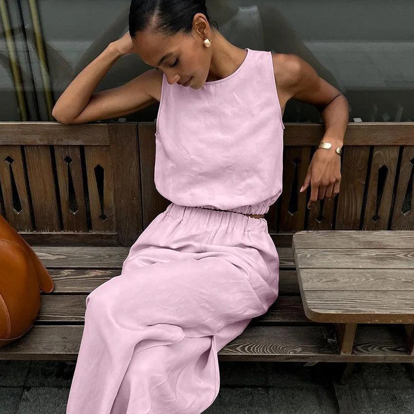 

Casual Sleeveless Cotton Linen Suit Fashion O-neck Pullover & Split Pant Outfits Women Elegant Elastic Waist Solid Loose 2Pc Set