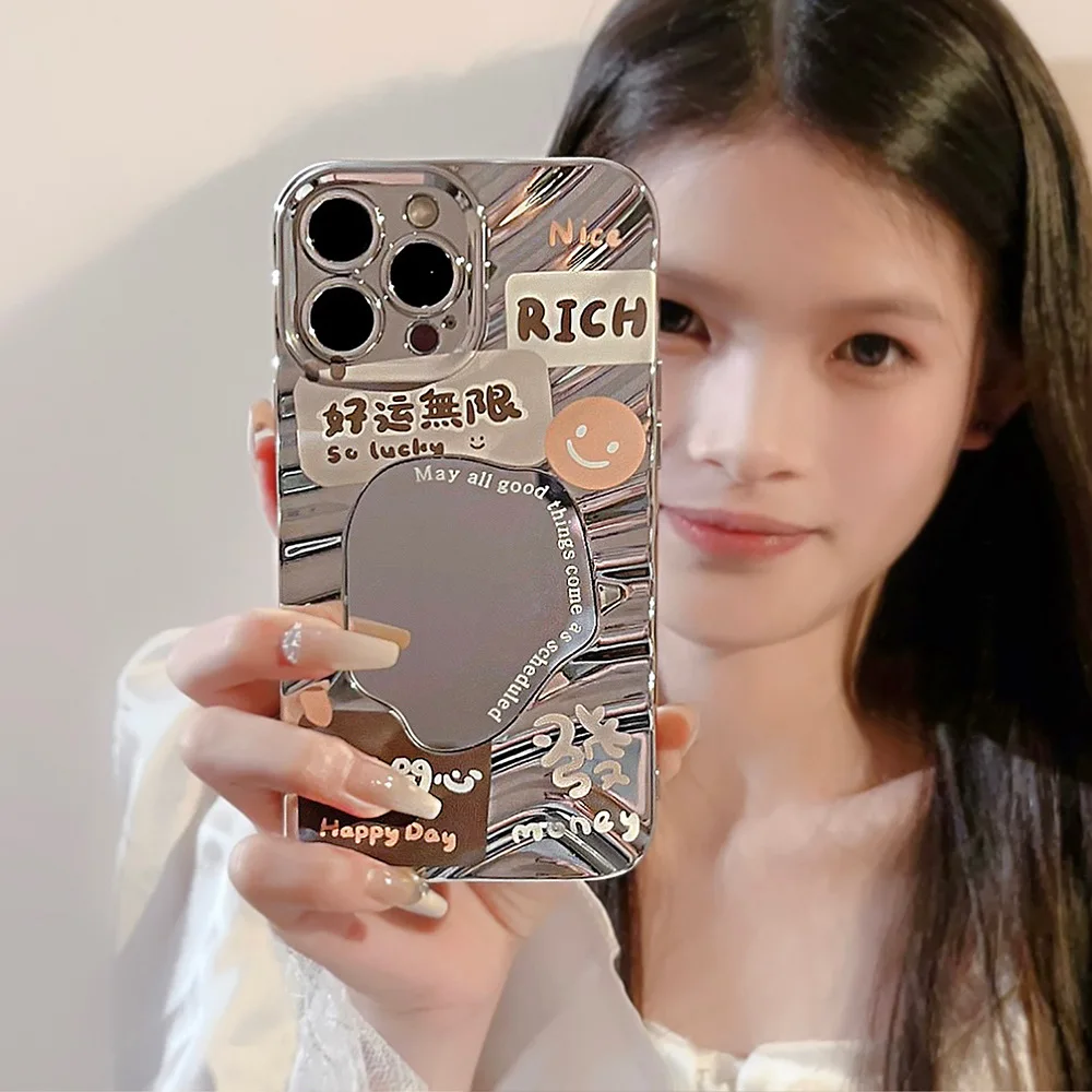 Chinese Character Mirror Case for IPhone 15 Plus Bumpy 13 Pro Max Good Luck 12 Rich 11 Text 14 Creative Makeup Mirror Phone Case