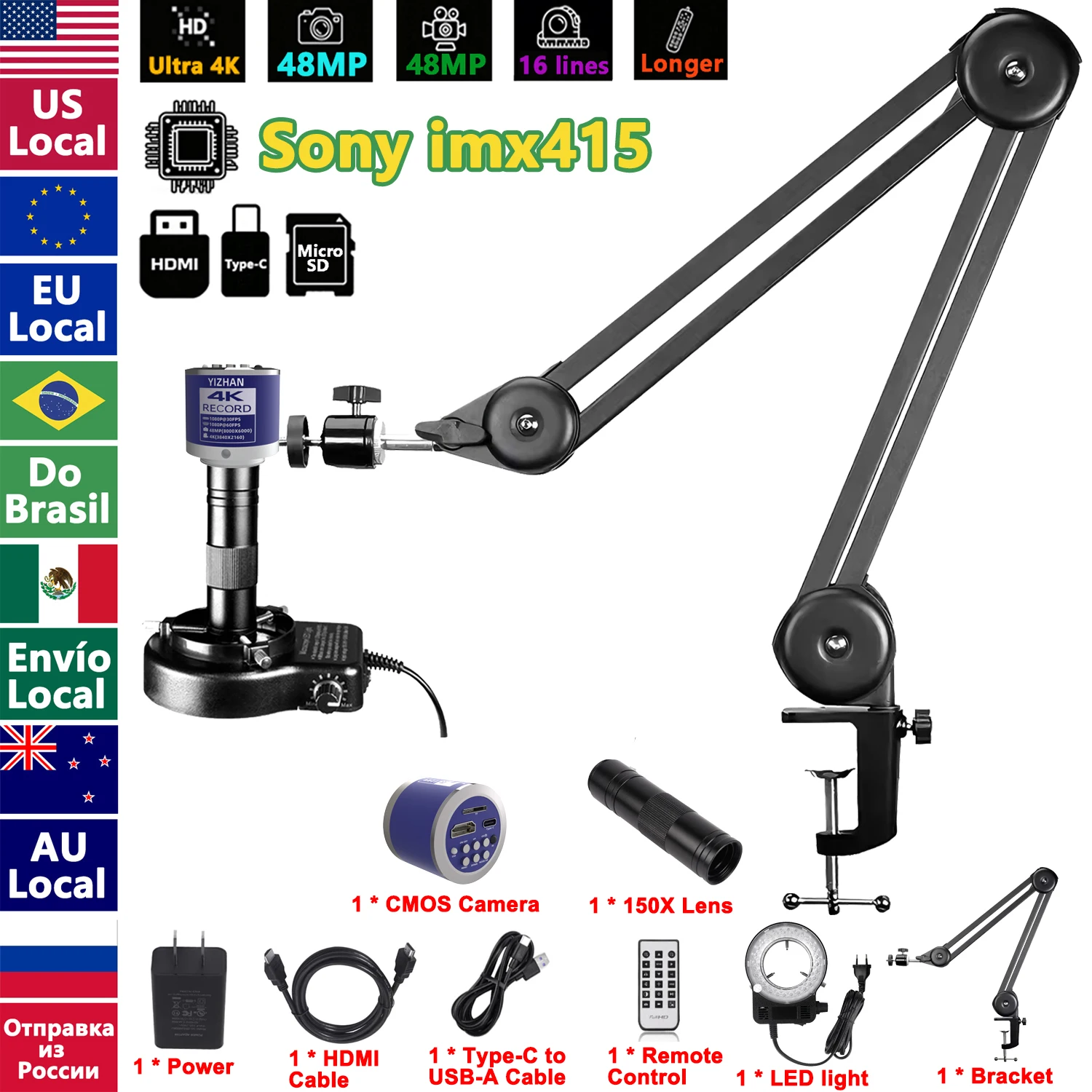 YIZHAN 4K digitale microscoop met software, imx678 imx415 sensor, 150X elektronische microscoop voor solderen, versterkte beugel, Verzonden vanuit Polen