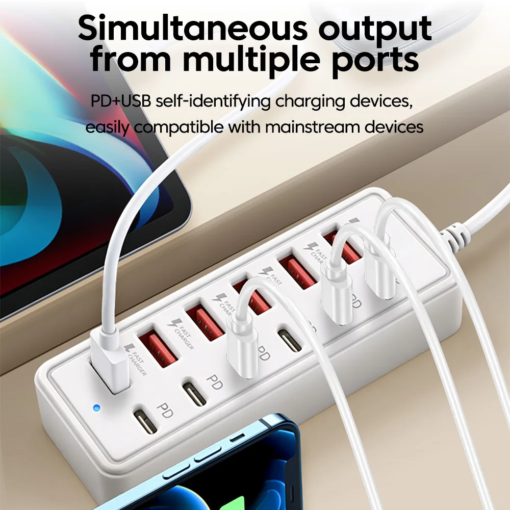Multiport USB Charger Station 12 in 1 Power Strip Desktop Charging Station USB Electrical Socket Adapter PD Type C HUB Charger