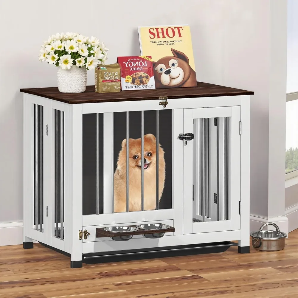 

31.5" Dog Crate Furniture - Indoor Wooden Kennel with 360° Rotating Feeder | Multi-Functional End Table for Small & Medium Dogs