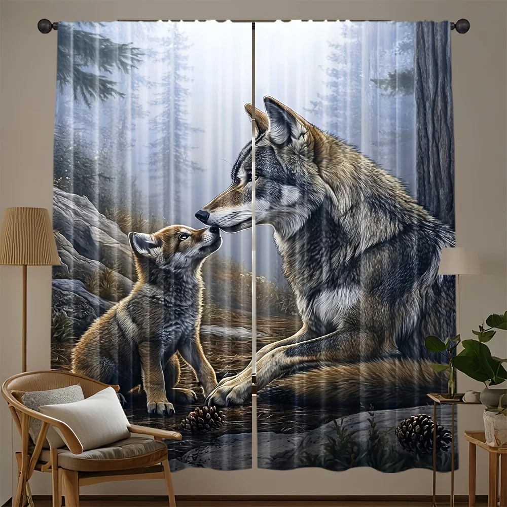 Realistic Wolf Woodland Curtain Panels Photo Print Window Drapery for Living Room Bedroom Nature Wildlife Home Decor Accent Curt