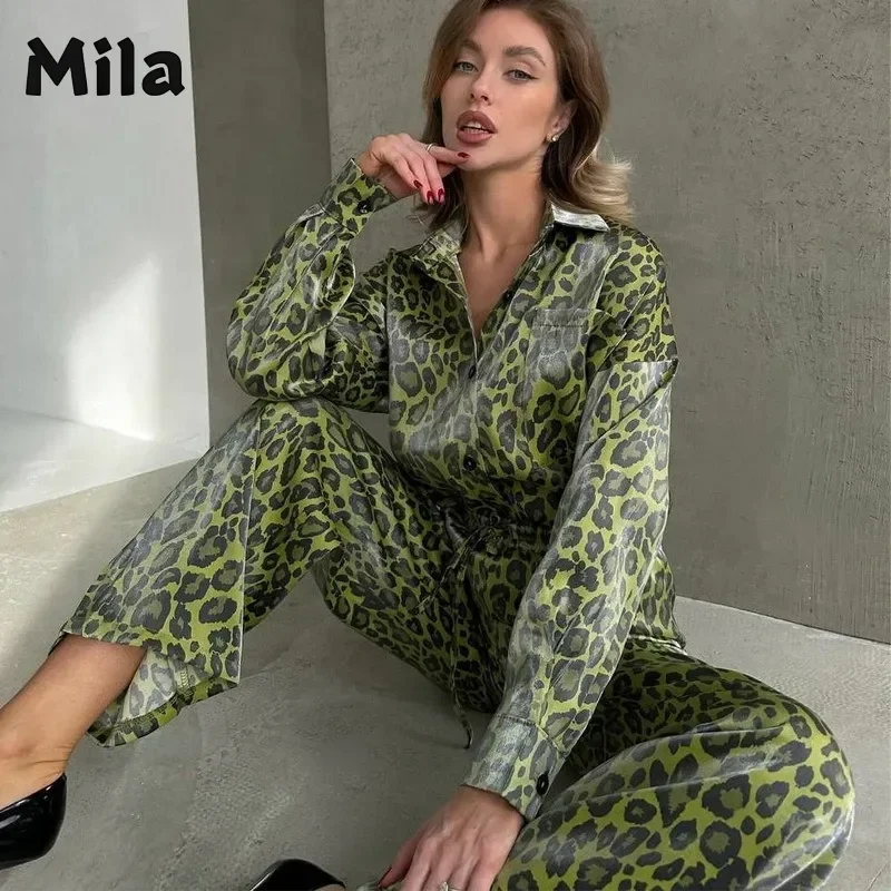 2024 Fashion Casual Leopard Print Long Sleeves Trousers Pant Sets for Women 2 Pieces Women\'s Suit Piece Outfit Set Matching