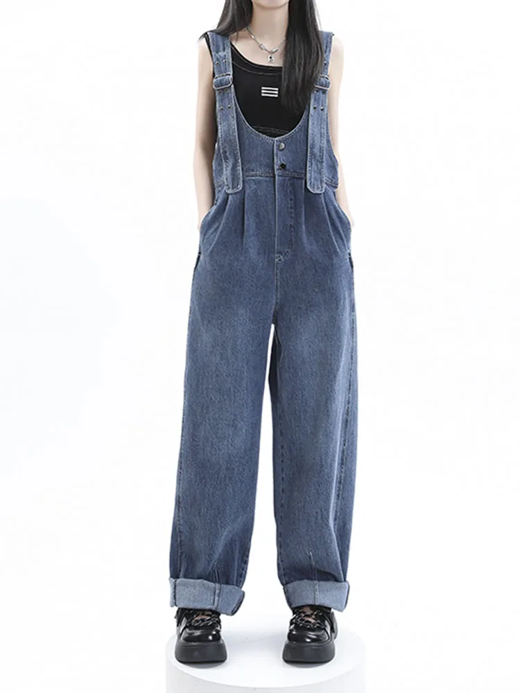 Y2k Harajuku Jumpsuits for Women Straps Jeans Overalls Vintage Streetwear Hole Wide Leg Pants Casual Baggy Denim Jumpsuit