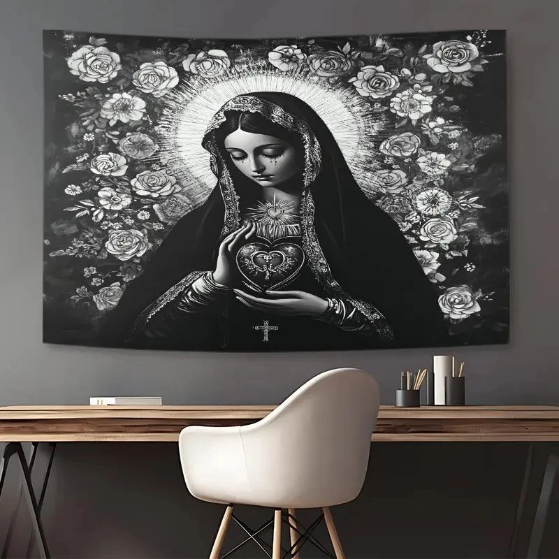 VIKAMA Sorrow Virgin Mary Tapestry Black White Sacred Heart Rose Wall Hanging Gothic Vintage Art Bedroom Decor
