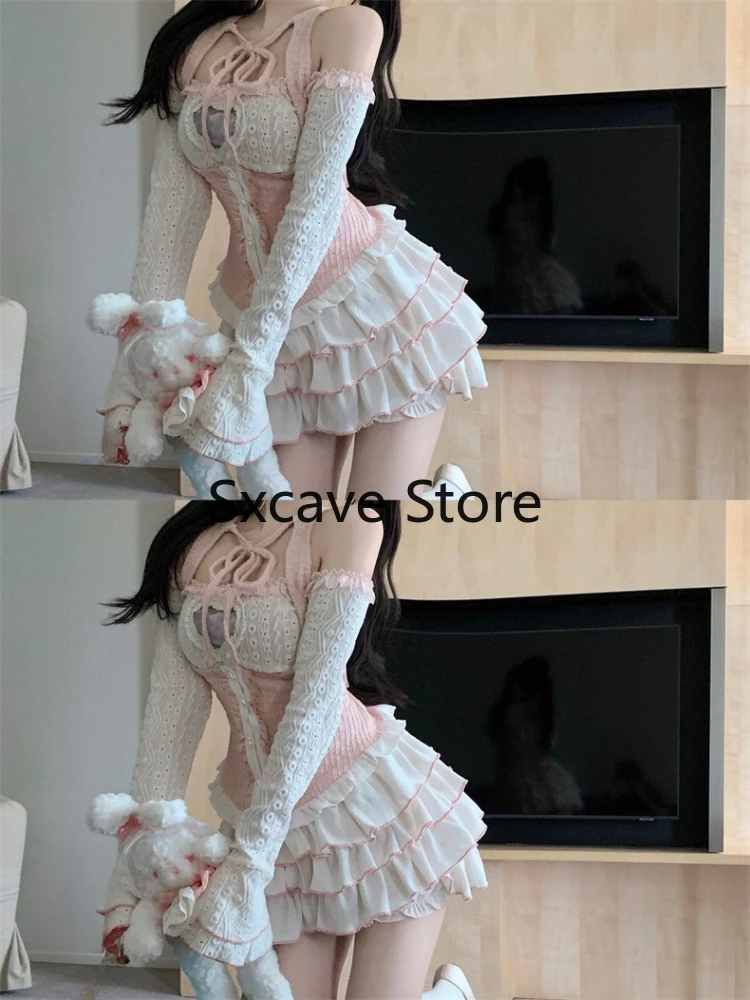 Japanese Style Kawaii 3 Piece Skirts Set Women Bodycon Slim Even Party Clothing 2024 Autumn Lolita Suits Y2k Crop Tops