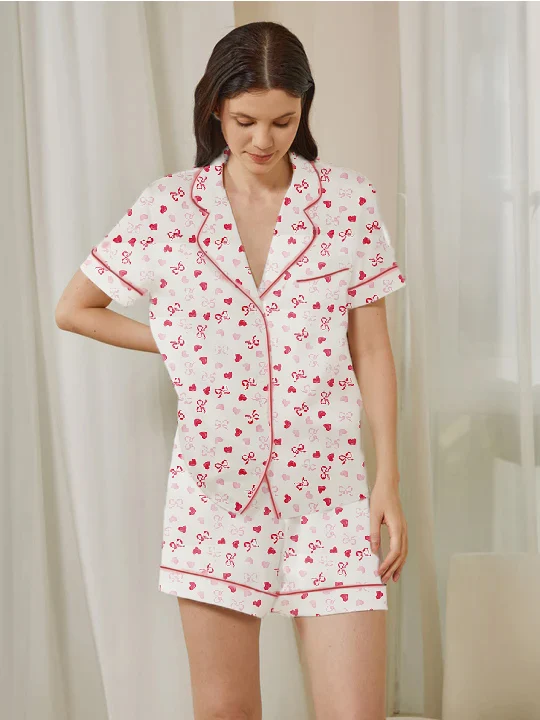 Women Two Pieces Clothes Set Sleepwear Pajama Suit Print Short Sleeve Shirt and Shorts