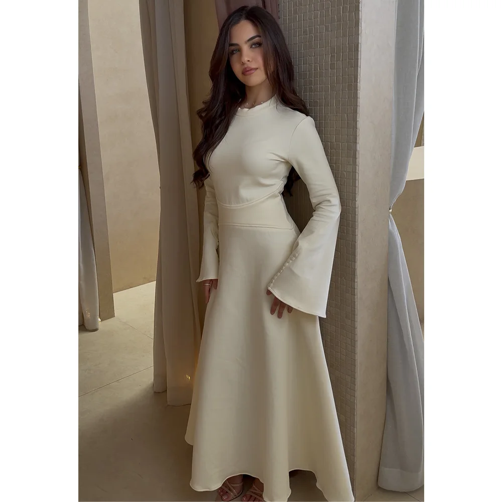 

Maxi Formal Party Dress Long Sleeves O Neck A Line Simple Evening Gowns for Women Ankle Length Buttons Wedding Cocktail Dresses