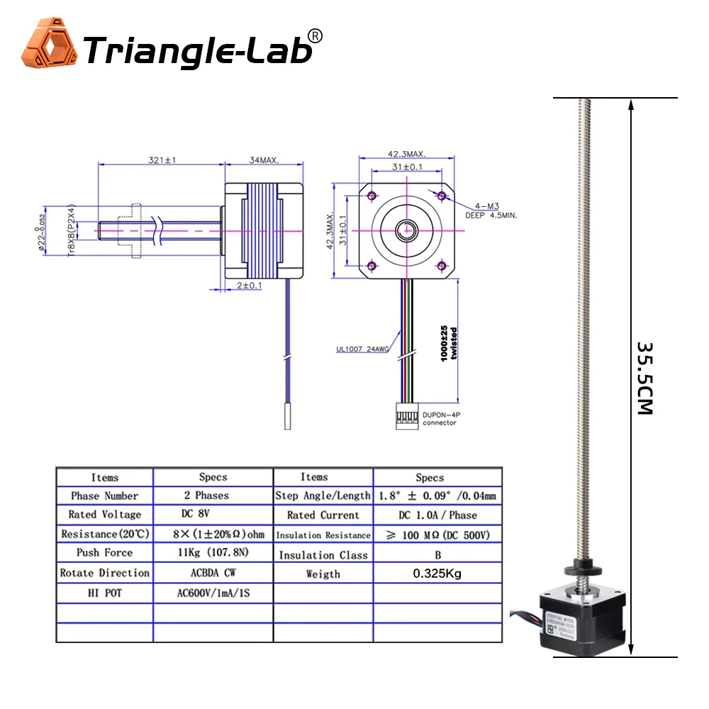 C Trianglelab 1PC Nema17 Leadscrew stepper motor T8X8 L=320MM 1.2A for 3D printing prusa i3