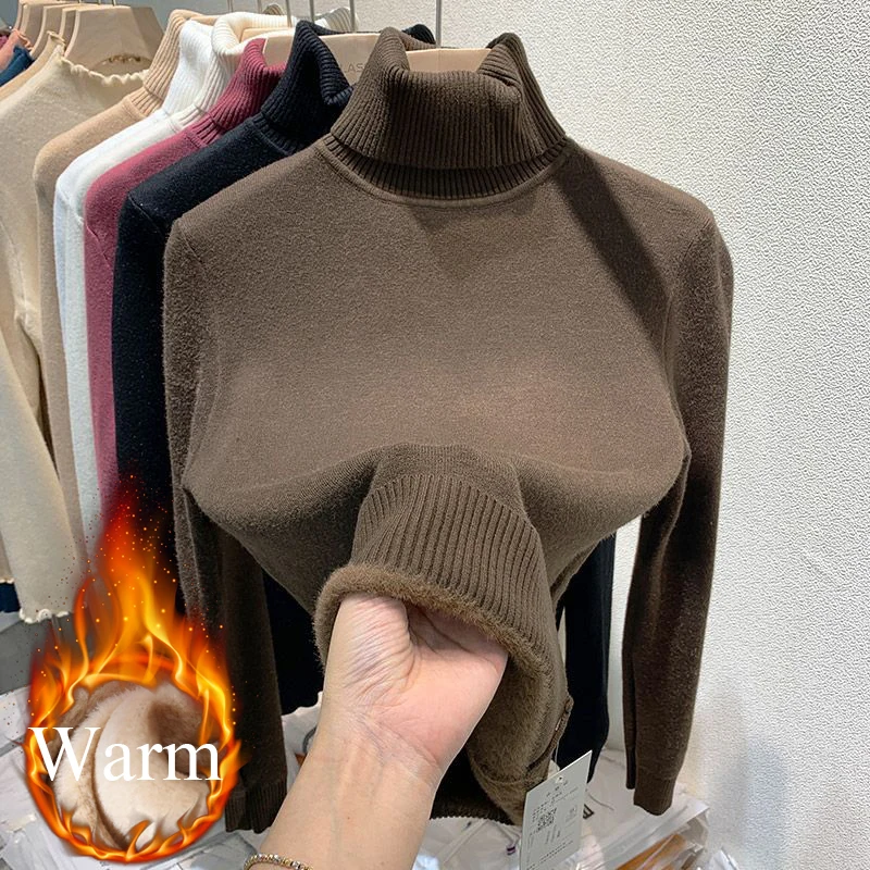 Turtleneck Sweater Winter Fleece Lined Thicken Black Pull Women Elegant Warm Long Sleeve Casual Add Velvet Basic Knitted Top New