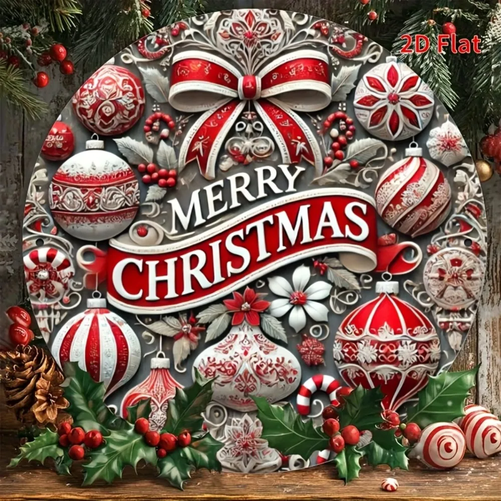 2D شقة 1PC عيد ميلاد سعيد جولة معدن القصدير علامة - مقاومة للخدش بالأشعة فوق البنفسجية، تصميم إكليل قصب الحلوى، ديكور عطلة داخلي في الهواء الطلق #3