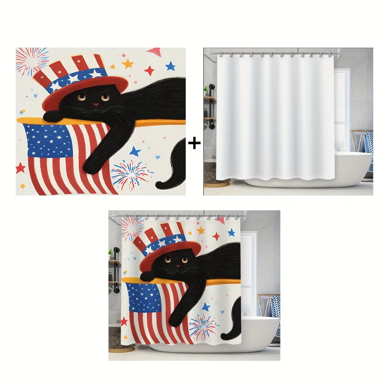 Chic Black Cat & American flag shower curtain set-waterproof, moisture-repellent with 12 hooks, machine washable polyester bat