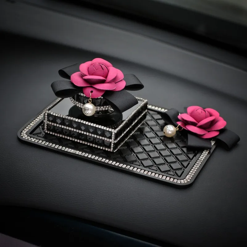 Charming Diamond Camellia Flower Car Perfume Bottle Ornaments Rhinestone Anti-slip Mat Auto Dashboard Decoration Air Freshener