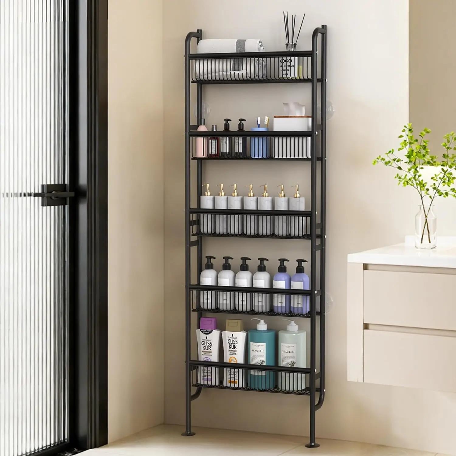 

NECHEGE Slim Shelf Behind Door Storage Rack, 5-Tier Multi-Purpose Space-Saving Organizer for Bathroom, Kitchen, Living R
