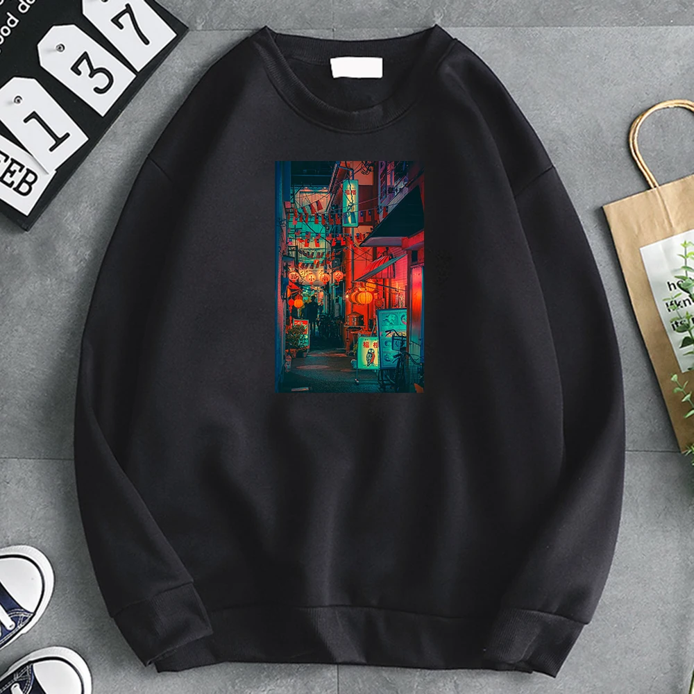 Hoody Punk Street Night View  Printing Mens Sweatshirt Thermal Vintage Men's Hoodie  Soft Brand Hoodies Oversized Loose Clothing