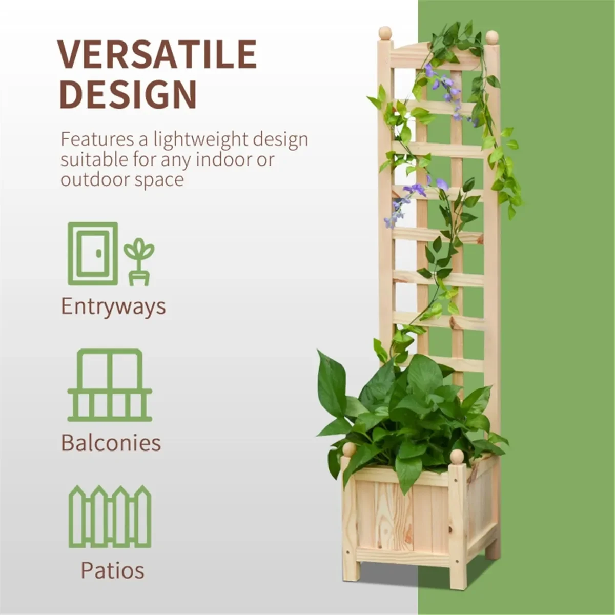 

Wooden Raised Garden Bed with Trellis Outdoor Planter Box with Drainage Crevices for Climbing Vine Plants Flowers