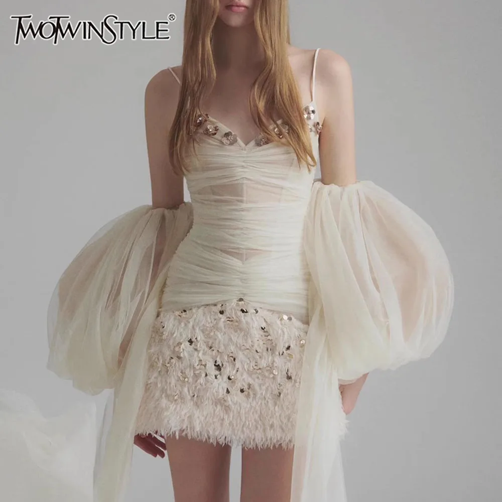 

TWOTWINSTYLE Slimming Spliced Bead Elegant Mini Dresses for Women Square Hlaf Sleeves Patchwork Mesh Dress Female Fashion New